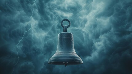 Elegant bell metal service infused with lightning, set against a turbulent stormy sky, vibrant bolts of energy striking down