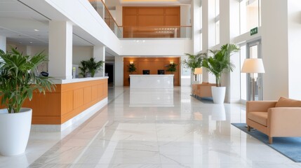 Fototapeta premium Efficient hotel check-out process with a guest at the reception desk, handing over key cards, bright and airy lobby, express check-out options highlighted