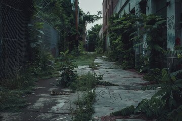 An abandoned city street with a variety of plants growing wildly along the roadside, An abandoned city street with overgrown plants reclaiming the concrete