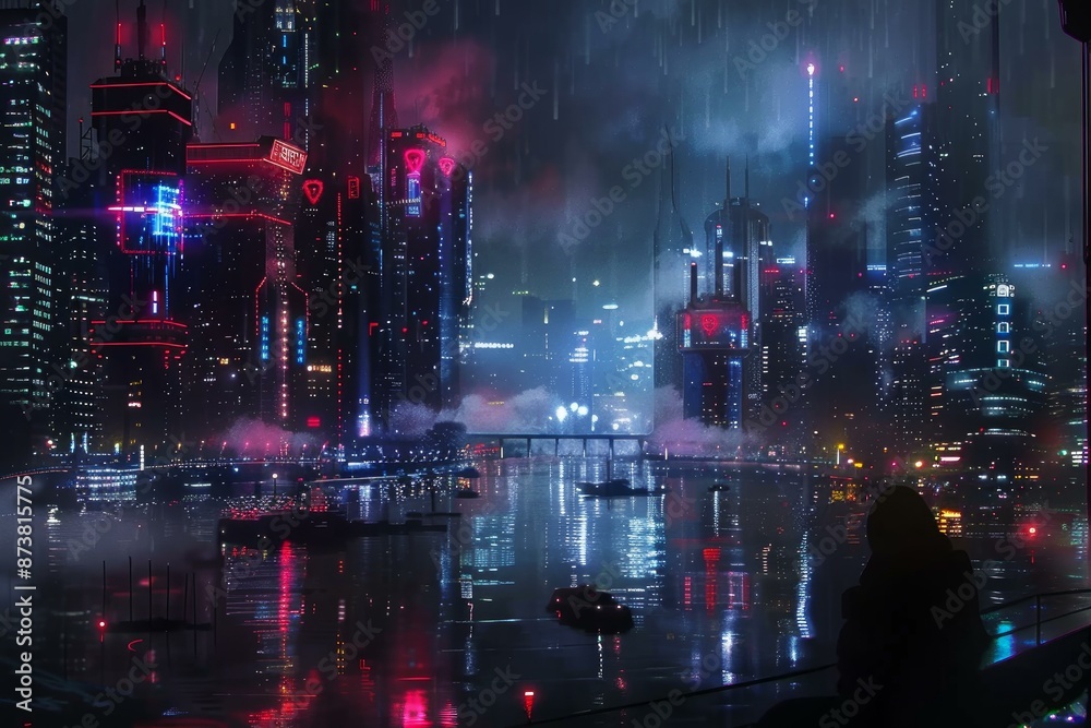 Poster person looks out over a neonlit futuristic city under heavy rain at night