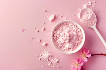 Pink background with collagen powder a protein boost for beauty and health for skin bones joints and gut Made from plants or fish Flat lay with space for text