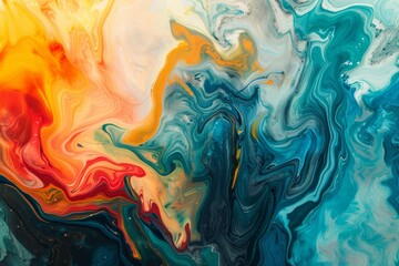 Vibrant blend of blue, yellow, and red colors in swirling shapes and patterns, An abstract blend of vibrant colors and swirling shapes