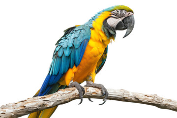 Fototapeta premium Colorful parrot with vibrant blue and yellow plumage perched on a branch against a white background, showcasing its striking feathers.