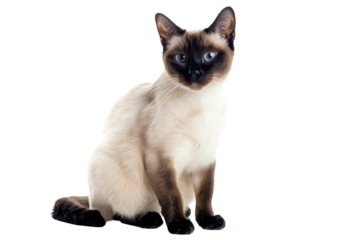 Siamese cat with blue eyes sitting on a white background, showing off its sleek coat and elegant posture.