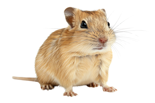 Cute brown gerbil sitting and looking forward isolated on white background. Small rodent with whiskers and furry body.