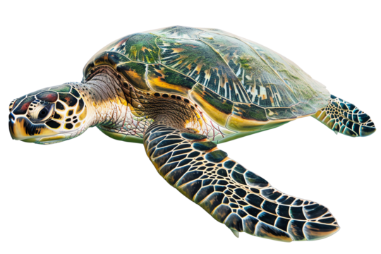 High-resolution image of a beautifully patterned sea turtle swimming gracefully in clear waters. Perfect for marine wildlife enthusiasts.