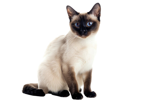 Siamese cat with blue eyes sitting on a white background, showing off its sleek coat and elegant posture.