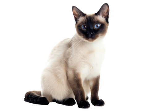 Siamese cat with blue eyes sitting on a white background, showing off its sleek coat and elegant posture.