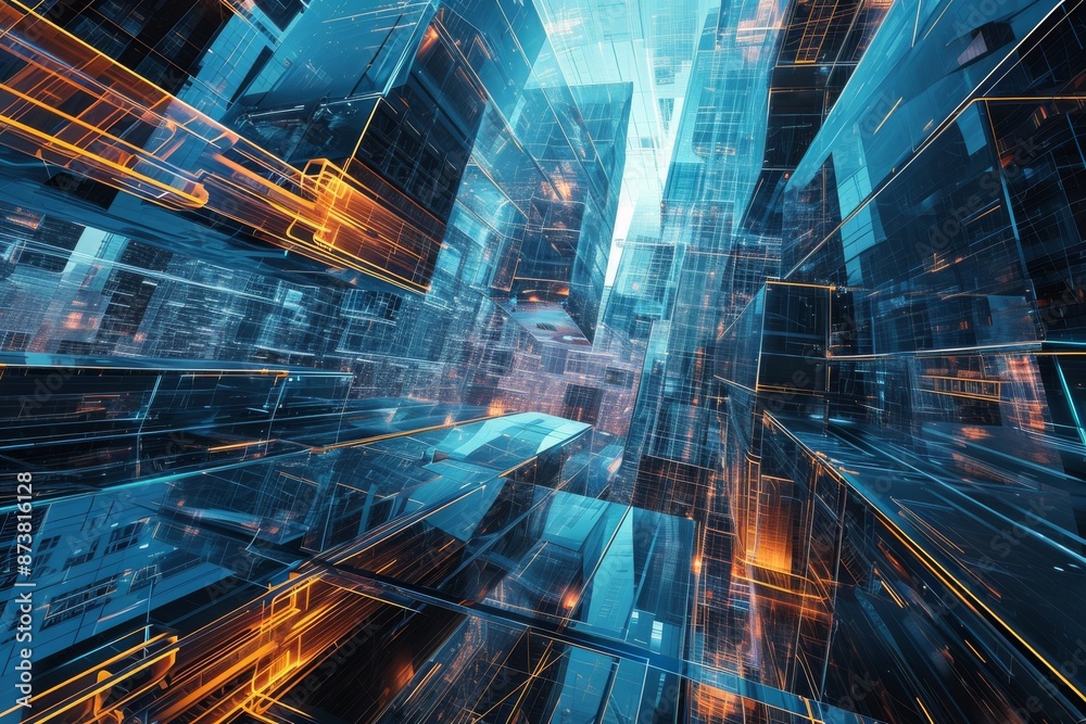 Fototapete modern computer graphics illuminate futuristic abstract architecture, a futuristic digital rendering