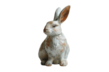 Ceramic rabbit statue with a rustic finish, perfect for home decor or Easter ornaments, isolated on a plain background.