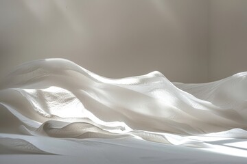 A white sheet neatly arranged on a bed, showcasing light and shadow interplay, An abstract exploration of light and shadow on a pristine white surface