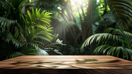 Fototapeta premium A wooden tabletop stand designed to display products, with a tropical nature concept.