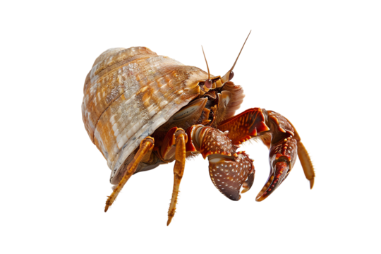 Close-up image of a hermit crab in detail, showcasing its protective shell and intricate features on a white background.