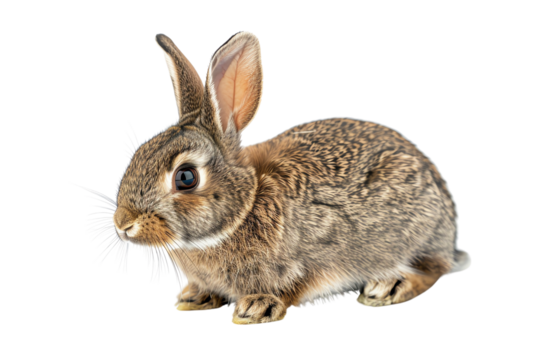 Close-up image of a cute brown rabbit sitting on a white background, showcasing its fluffy fur and curious expression.