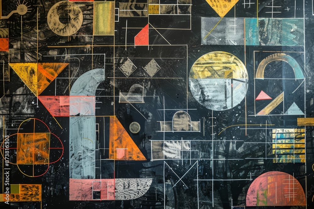 Poster a painting featuring a multitude of different shapes displayed on the canvas, an abstract interpreta
