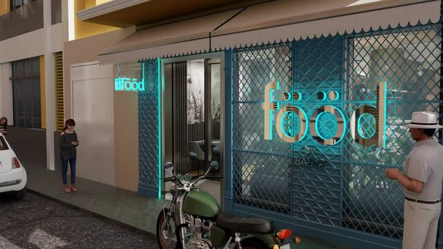 restaurante moderno con gran comedor y barra . bancos y plantas naturales 