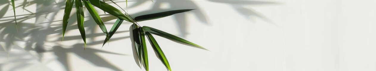 Fototapeta premium Abstract bamboo leaves shadow on white wall background, beauty, aesthetic, chinese style, botany, blank space, symbol, faith, cultural confidence, HD wallpaper, background, generated by AI.
