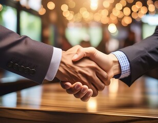 握手をするビジネスマンの手とレストランの背景