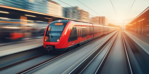 A modern high speed train in motion in Europe. Public transport and travel concept.