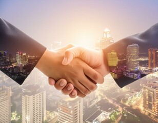 ビジネスマンの握手とビジネス街