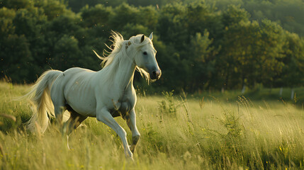 In the expansive green pasture, a magnificent white stallion gallops freely, its mane flowing like a banner of freedom in the wind