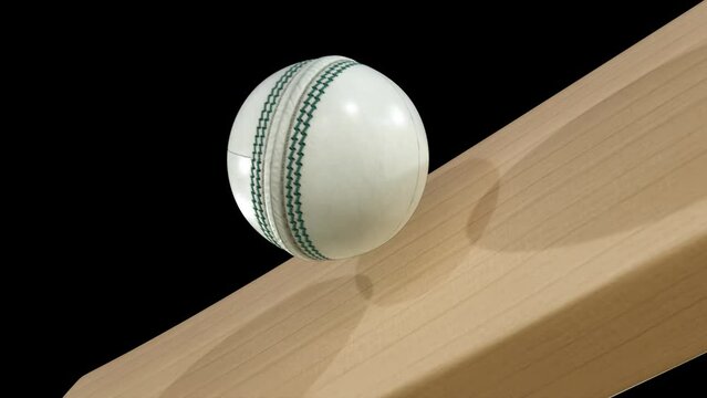 An ultra motion close up of a leather stitched cricket ball hitting a wooden cricket bat on a dark background with alpha mask