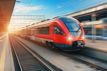 Fototapeta premium A modern high speed train in motion in Europe. Public transport and travel concept.