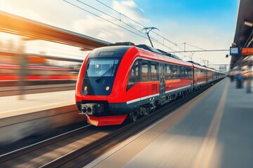 Fototapeta premium A modern high speed train in motion in Europe. Public transport and travel concept.