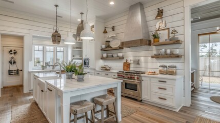 Farmhouse home interiors exude rustic charm with natural materials, vintage accents, and cozy ambiance, often highlighted by shiplap walls for a nostalgic touch.
