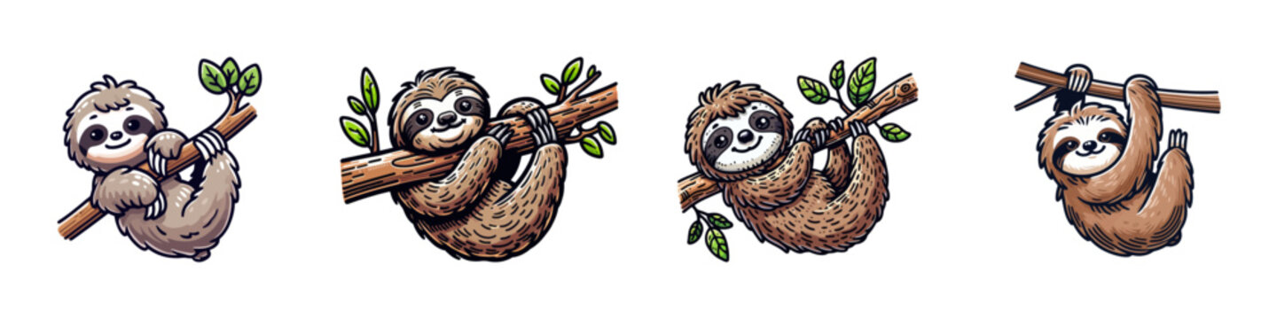 Cartoon illustrations of four cute sloths hanging on branches, showcasing various poses and expressions.