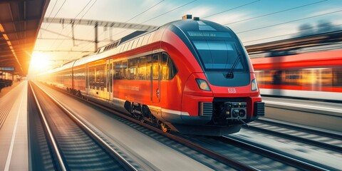 Fototapeta premium A modern high speed train in motion in Europe. Public transport and travel concept.