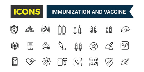 Immunization and Vaccine icons set. Outline icons pack. Editable vector line icon set and illustration for web and UI application.