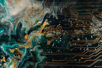 Computer circuit board featuring intricate gold and black designs showcasing electrical currents, An abstract interpretation of electrical currents flowing through a circuit board