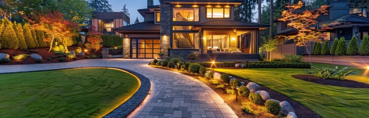 Obraz premium Modern Home With Stone Pathway and Garden Lights in Evening