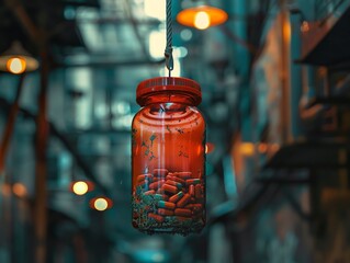 Suspended glass jar filled with red capsules in an industrial alleyway, glowing under warm lights.