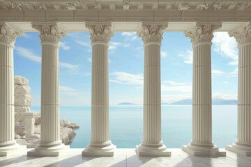 Fototapeta premium Elegant white greek columns on a sunny day with a tranquil sea view and blue skies