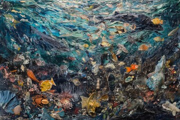 A painting depicting a lively ocean scene with a multitude of colors and shapes, An abstract interpretation of the ocean teeming with marine life, including fish and shellfish