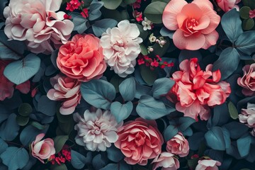 Top view of a captivating array of colorful flowers and lush foliage