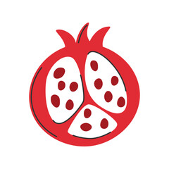 Hand drawn half of red pomegranate in doodle style. Summer fruit. Cut piece of fresh fruit