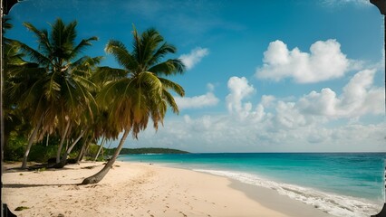 Tropical sandy beach with palm trees, vintage tone, film distress flare