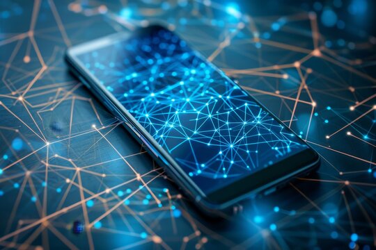 A cell phone rests on top of a wooden table, An abstract representation of data flowing through a network