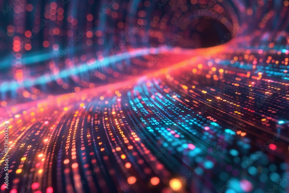 Poster Multicolored lights creating abstract pattern on dark background, An abstract representation of data streams and digital communication