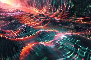 Computer-generated colorful lines symbolizing data processing and information flow, An abstract representation of data processing in a digital landscape