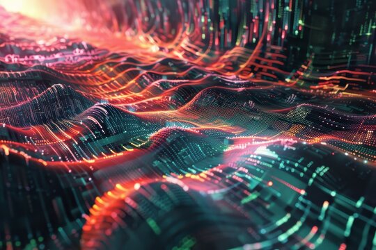 Computer-generated colorful lines symbolizing data processing and information flow, An abstract representation of data processing in a digital landscape