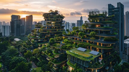 Obraz premium A modern city skyline with buildings equipped with green roofs and solar panels, promoting urban sustainability and eco-friendly architecture.