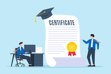 Candidate presenting certificate to recruiter certifying excellence recognizing top talent official recognition achievements