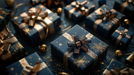 A beautifully arranged set of luxurious gift boxes adorned with shimmering gold ribbons.