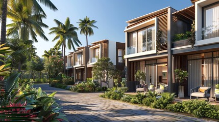 The modern residential complex features lush greenery and contemporary architecture.