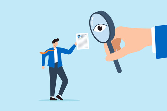 Recruiter hand using magnifying glass with eye to inspect resumes hold by candidate detailed evaluation thorough scrutiny finding best meticulous recruitment