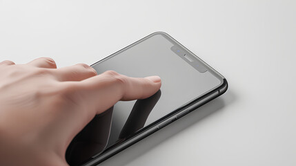 Mobile phone screen mockup, finger touching, tapping on smartphone isolated on white background